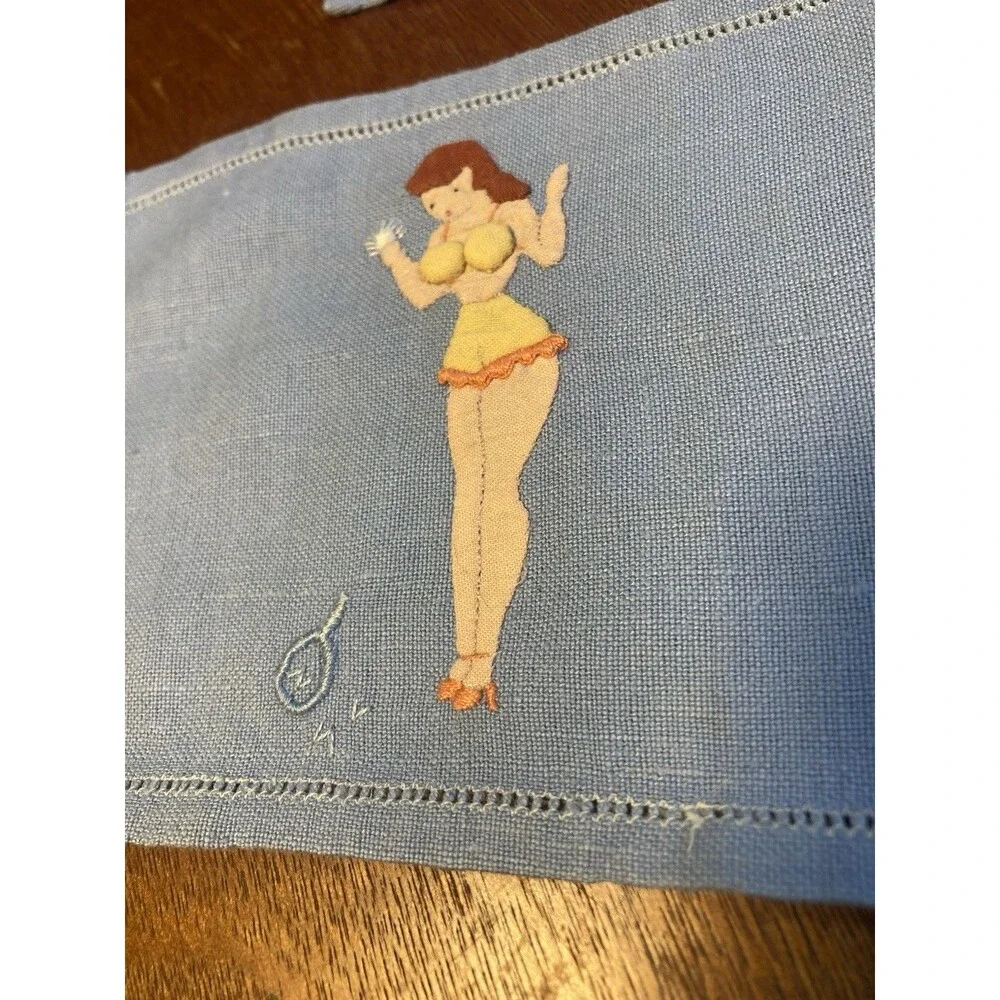 Vintage Cocktail Napkins Risque  Pin Up Girls Madeira Embroidered Linen LOT 5
